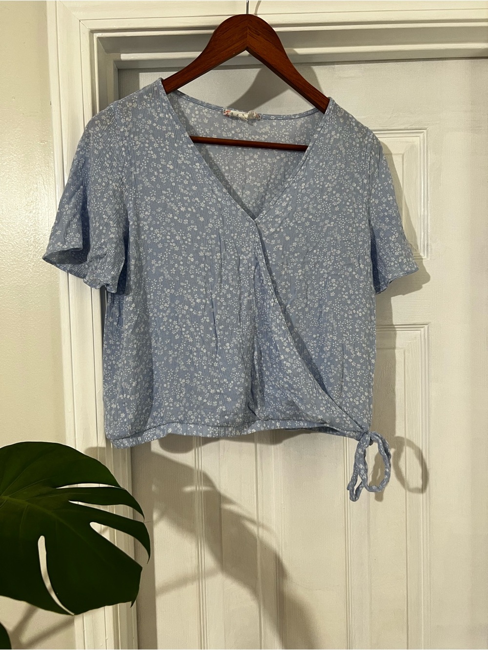Pink Rose Powder Blue Floral Wrap Tie-Side Blouse